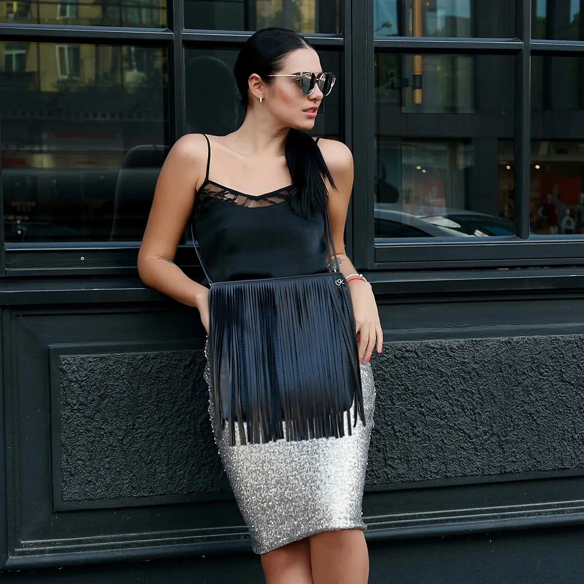 Large Leather Crossbody Bag with Fringe.