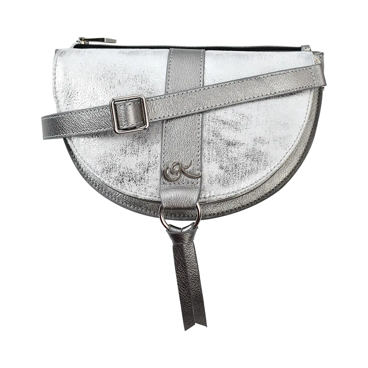 platinum leather crossbody bag and fanny pack. Accessory for women in San Diego, CA.