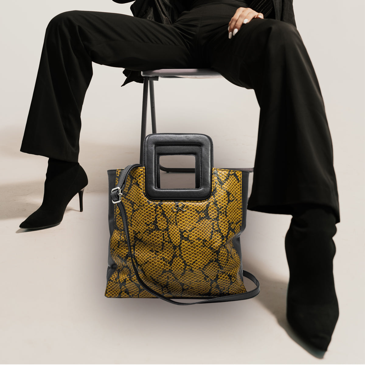 Large Leather Print Handbag With A Square Handle
