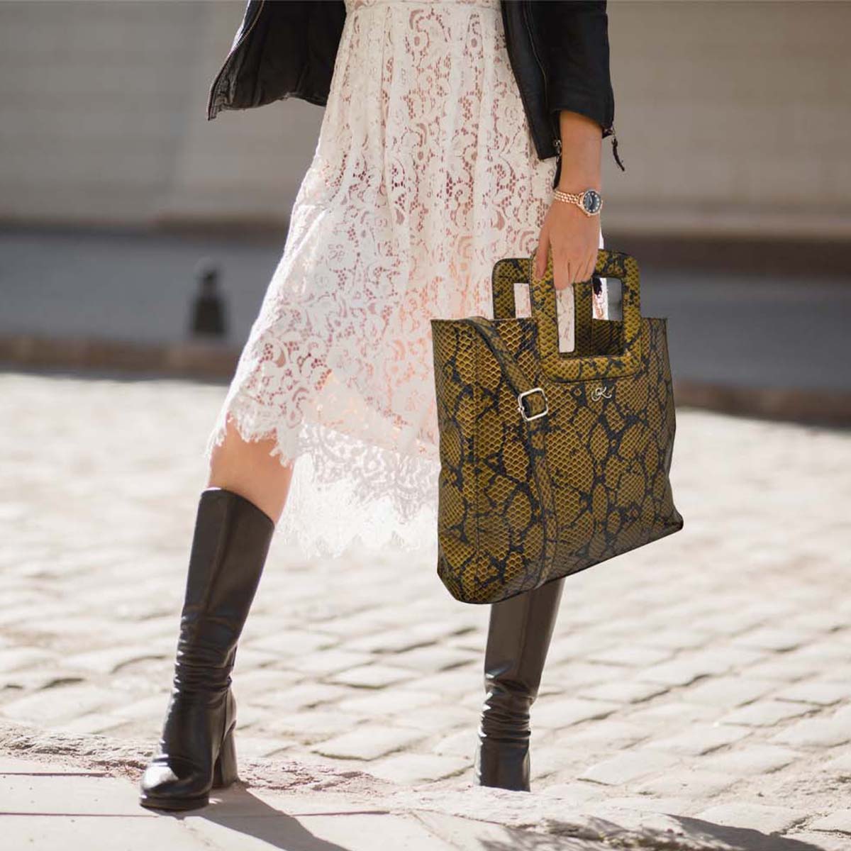 Large Leather Print Handbag With A Square Handle