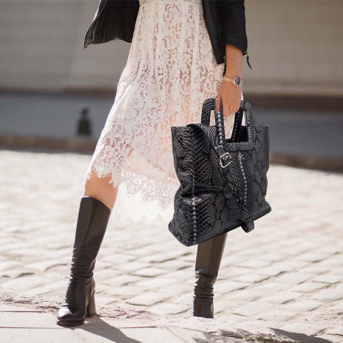 Large Leather Print Handbag With A Square Handle