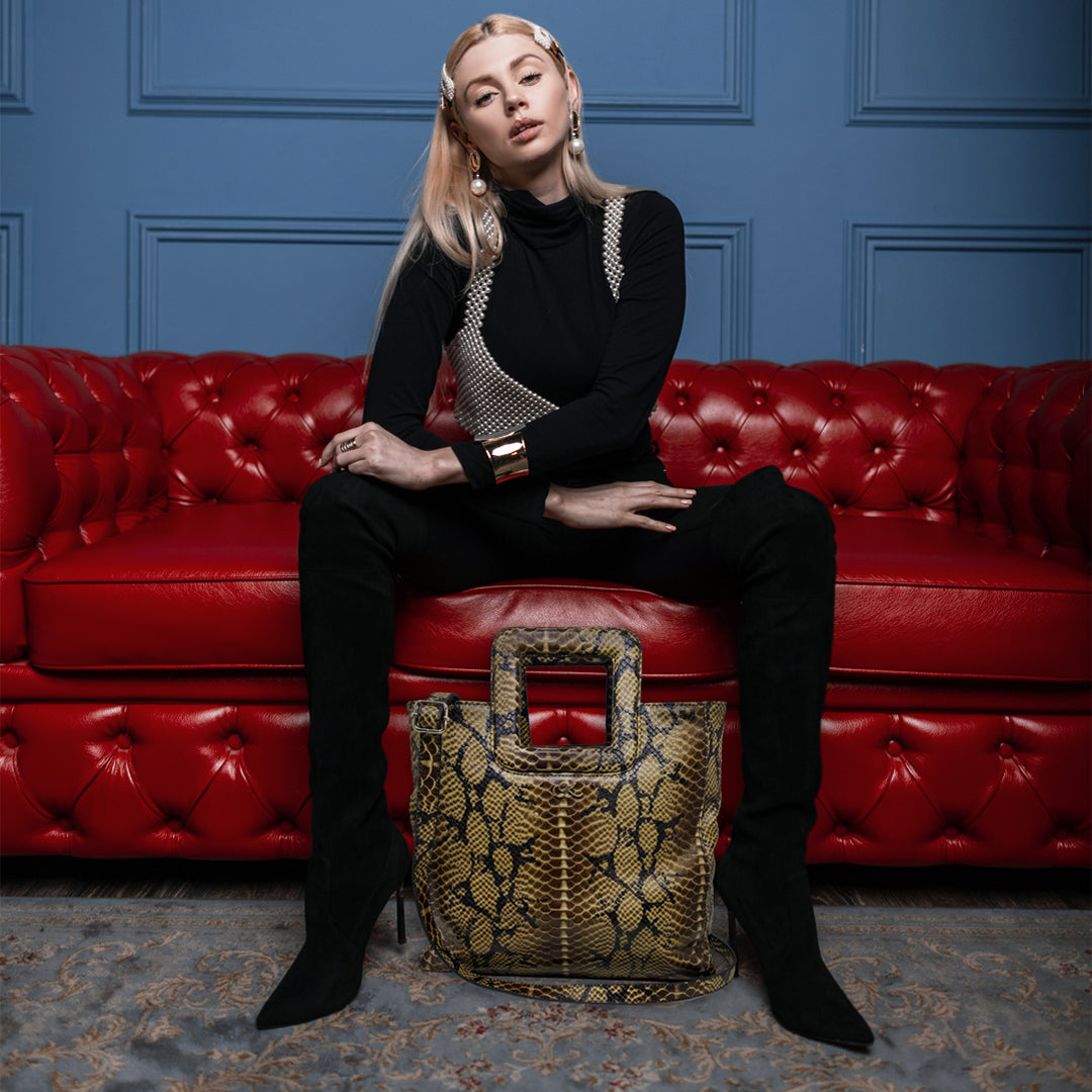 Large Leather Print Handbag With A Square Handle