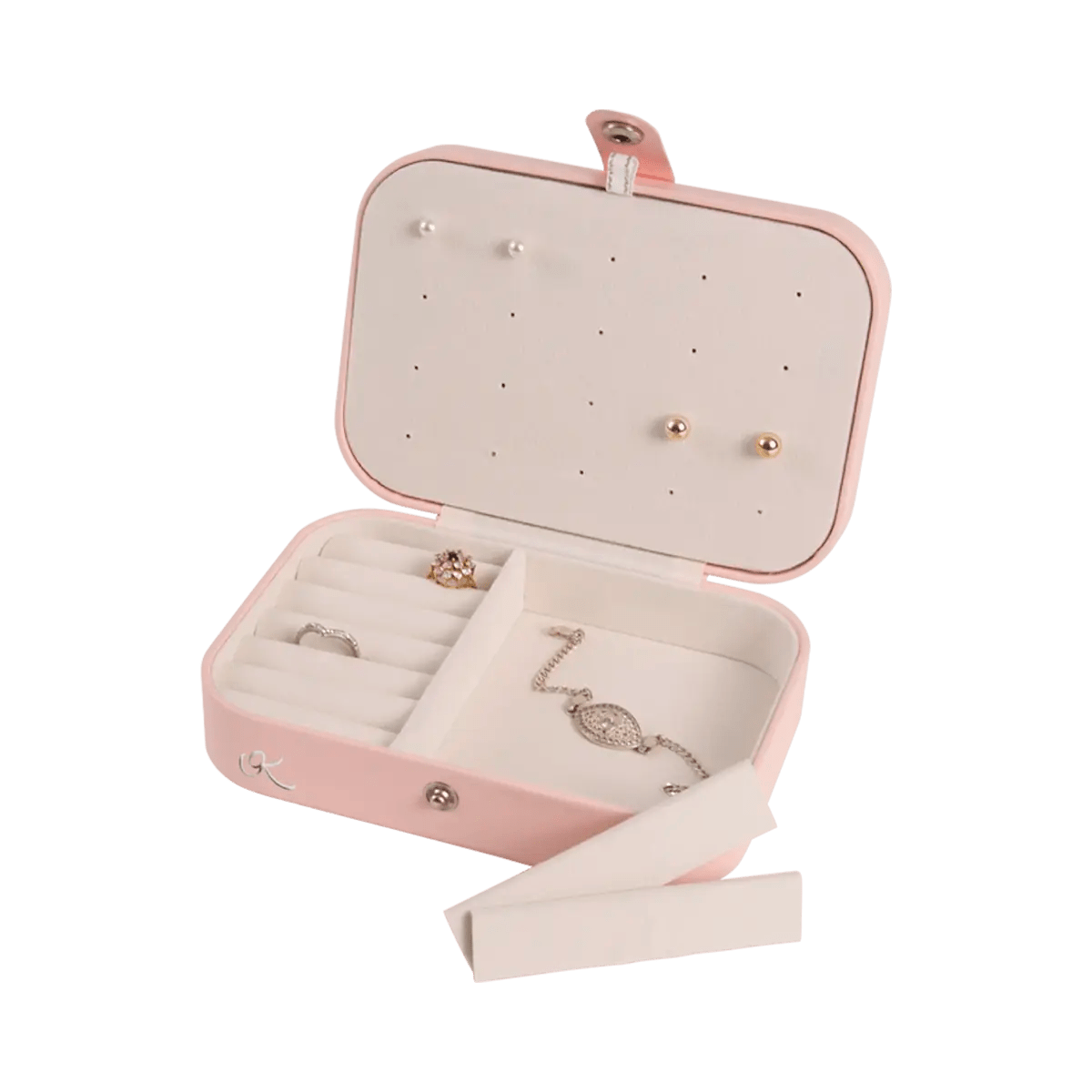 Small pink vinyl snakeskin print with beige interior jewelry box for women