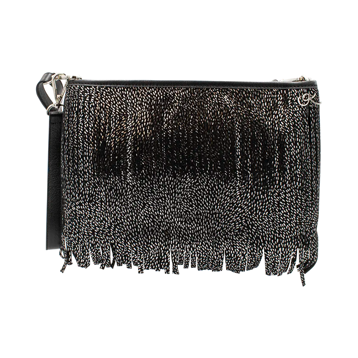 black silver stripe small black leather crossbody bag with fringe. Fashion accessory for women in San Diego, CA.