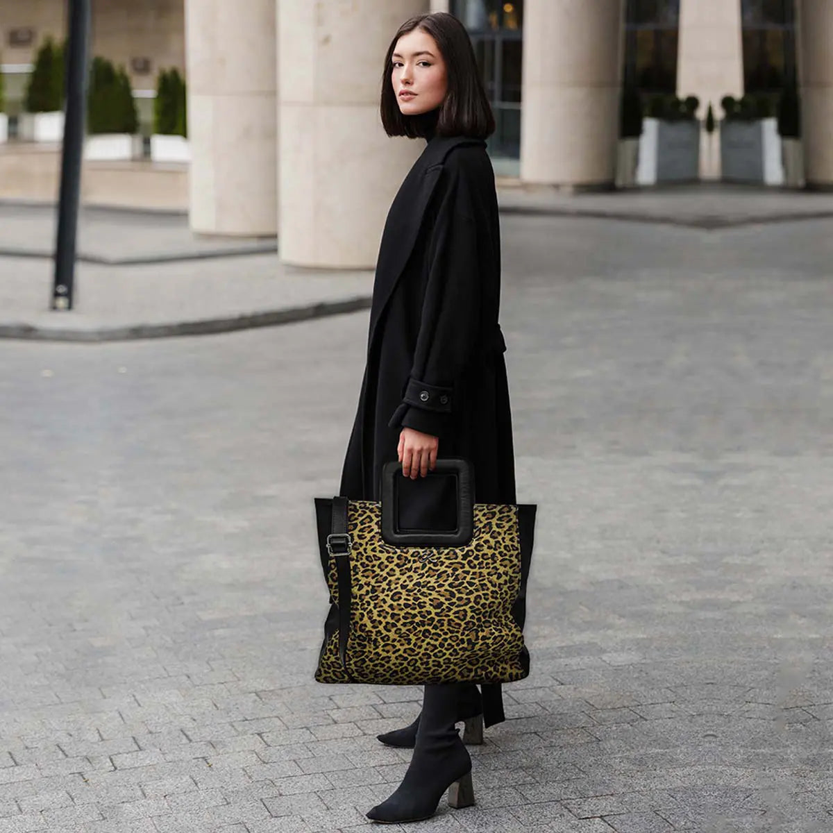 Large Leather Print Handbag With A Square Handle