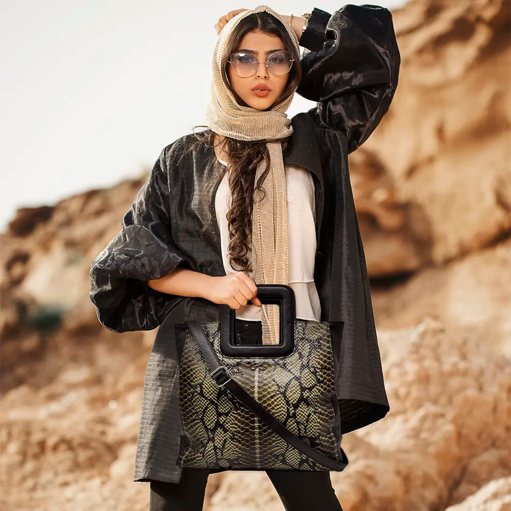 Large Leather Print Handbag With A Square Handle