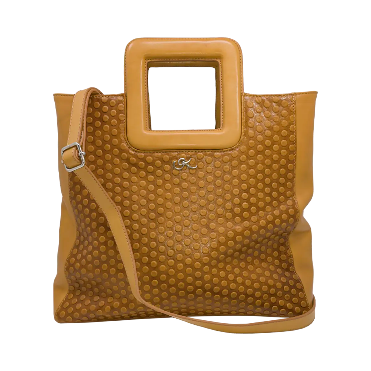 large tan circle leather print handbag with a square handle. Accessory for women in San Diego, CA.