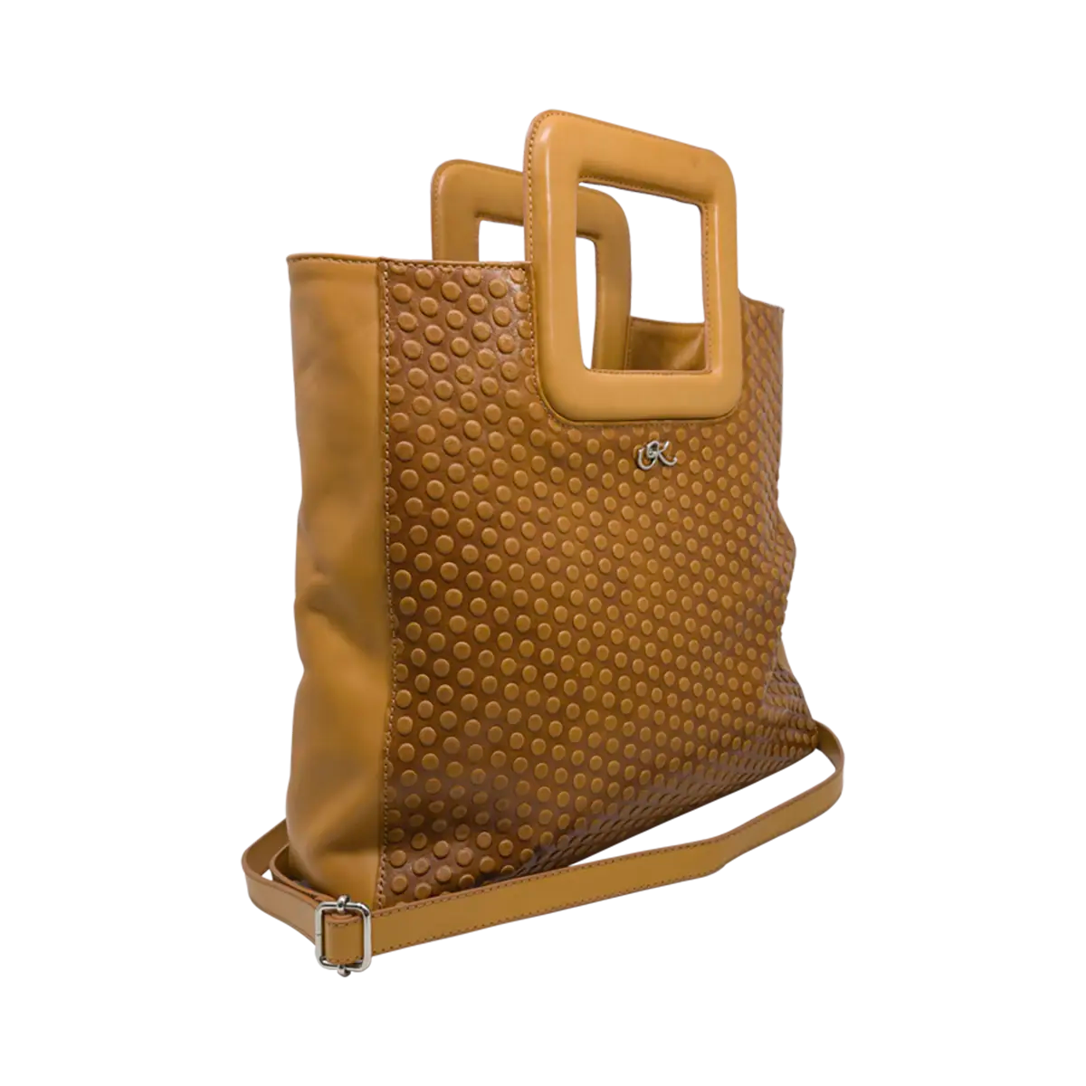 large tan circle leather print handbag with a square handle. Accessory for women in San Diego, CA.