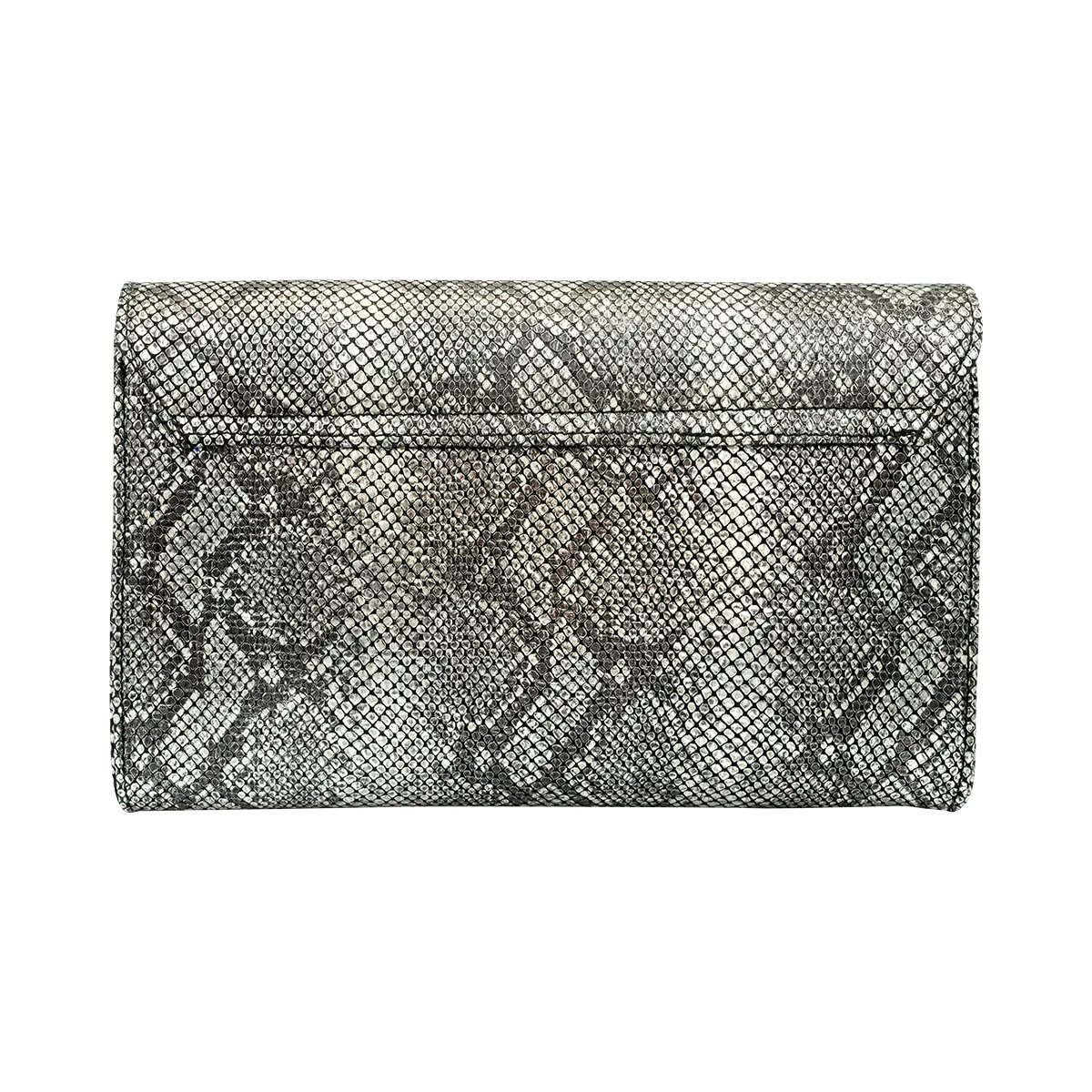 large silver print print leather clutch with strap. Fashion accessory for women in San Diego, CA.