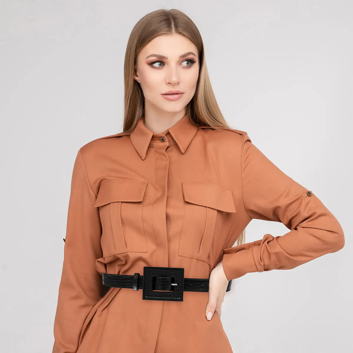 black leather print belt with a large square buckle. Accessory for women in San Diego, CA.