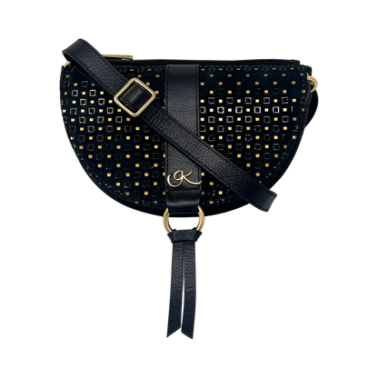 black gold sq leather crossbody bag and fanny pack. Accessory for women in San Diego, CA.