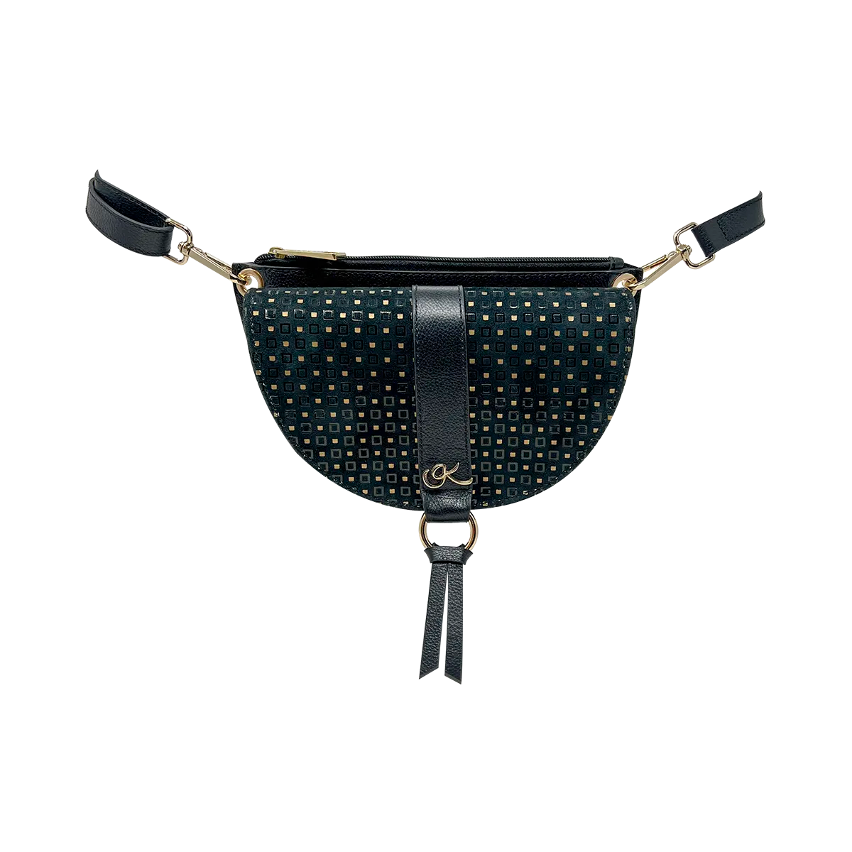 black gold strip leather crossbody bag and fanny pack. Accessory for women in San Diego, CA.