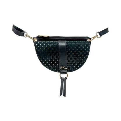 black gold strip leather crossbody bag and fanny pack. Accessory for women in San Diego, CA.