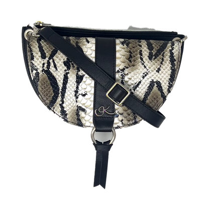 black white print print leather crossbody bag and fanny pack. Accessory for women in San Diego, CA.