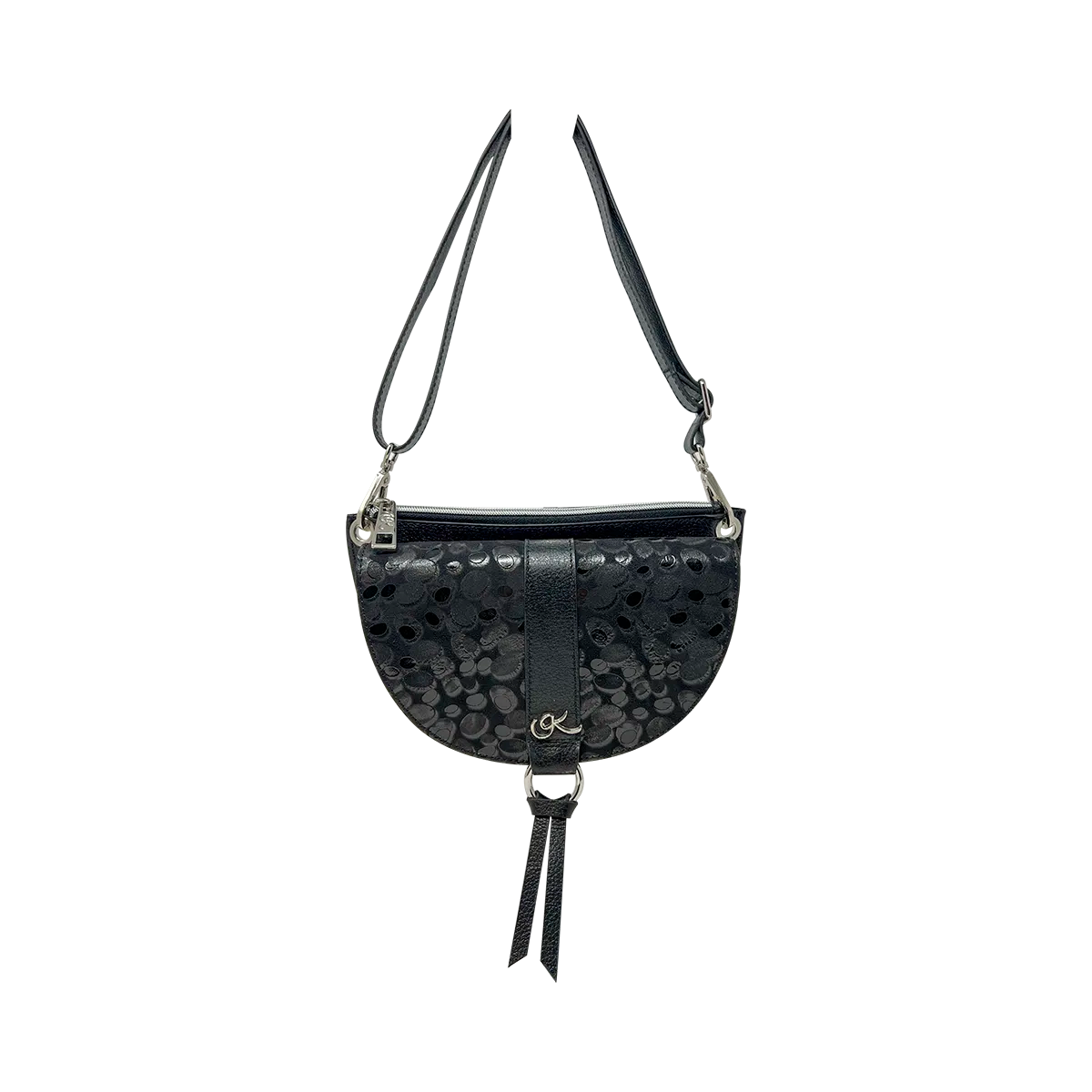 goute black strip leather crossbody bag and fanny pack. Accessory for women in San Diego, CA.