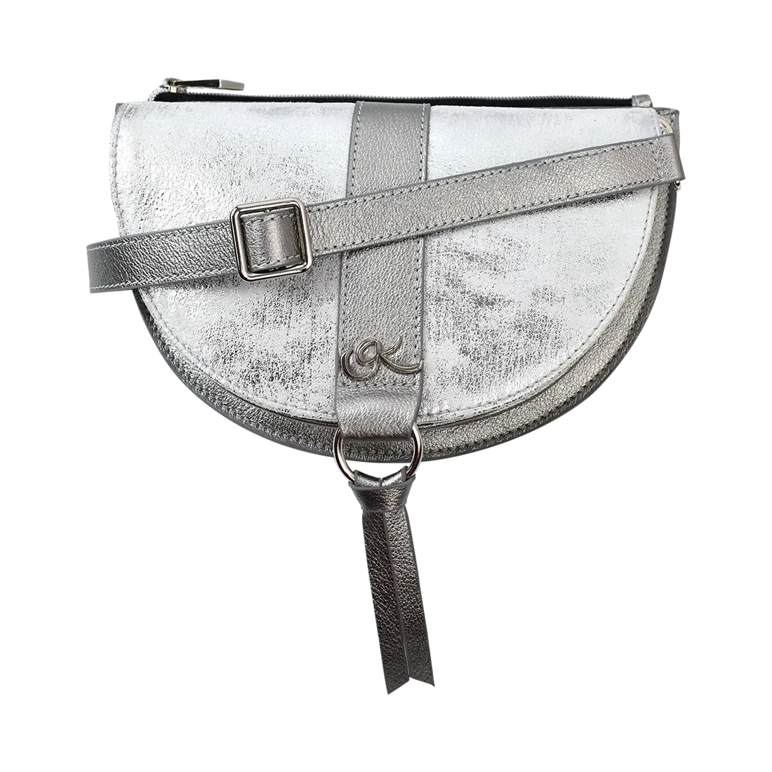 platinum leather crossbody bag and fanny pack. Accessory for women in San Diego, CA.