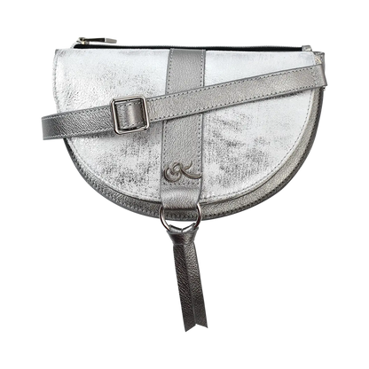 platinum leather crossbody bag and fanny pack. Accessory for women in San Diego, CA.