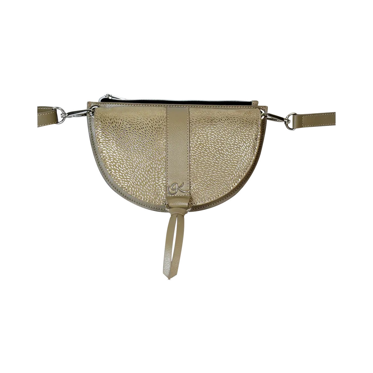 taupe stripe leather crossbody bag and fanny pack. Accessory for women in San Diego, CA.