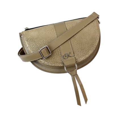 taupe stripe leather crossbody bag and fanny pack. Accessory for women in San Diego, CA.