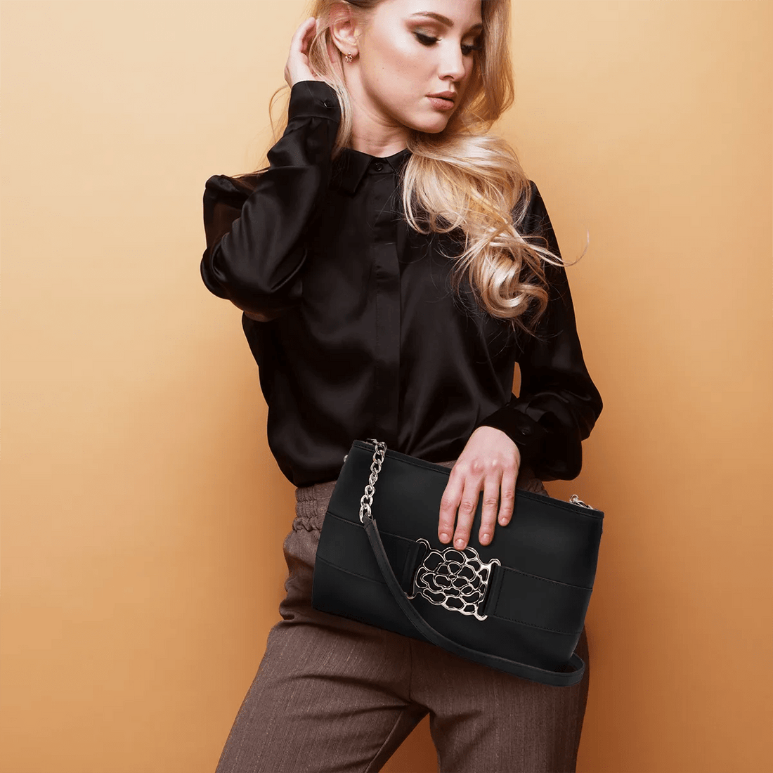 Small Leather Shoulder Bag With Metal Accent