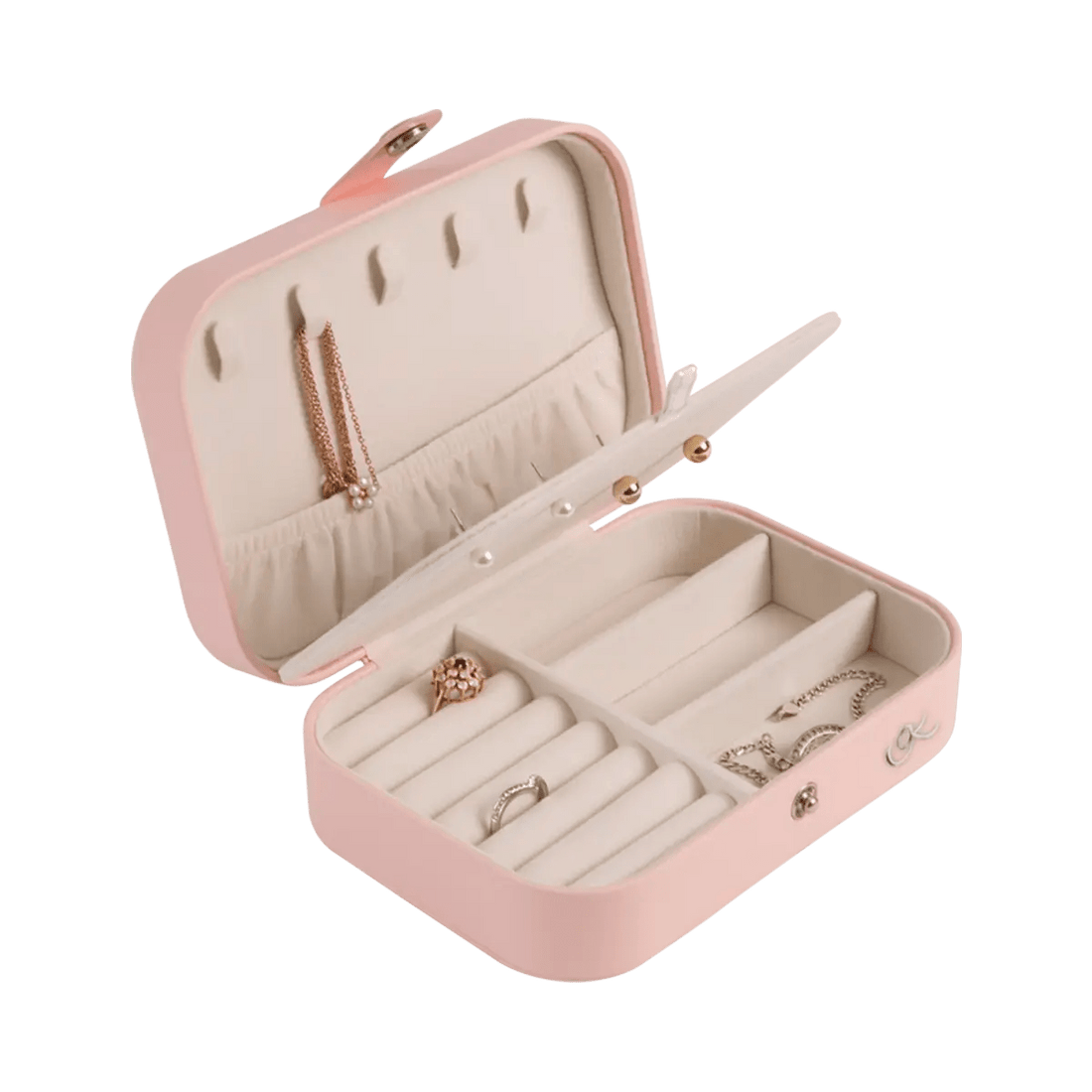 Small pink vinyl snakeskin print with beige interior jewelry box for women