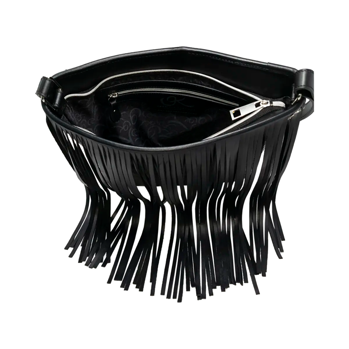 large black leather crossbody bag with fringe. Fashion accessory for women in San Diego, CA.