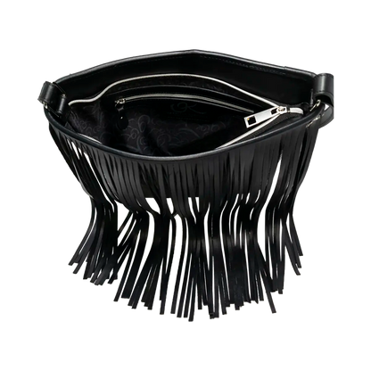 large black leather crossbody bag with fringe. Fashion accessory for women in San Diego, CA.