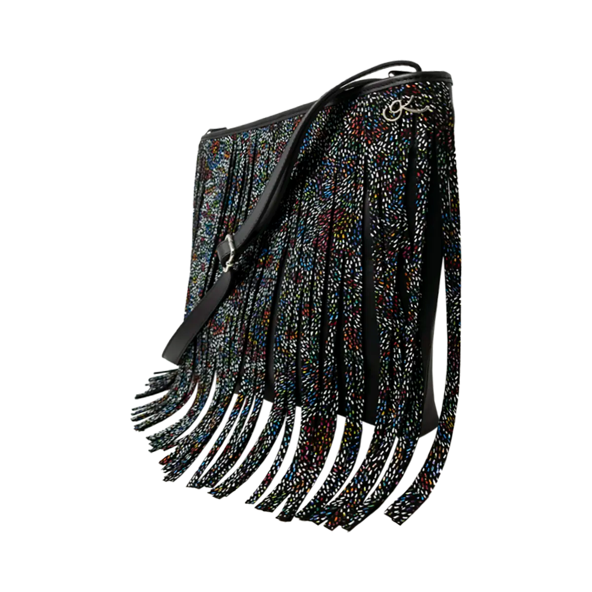 large black multi stripe leather crossbody bag with fringe. Fashion accessory for women in San Diego, CA.