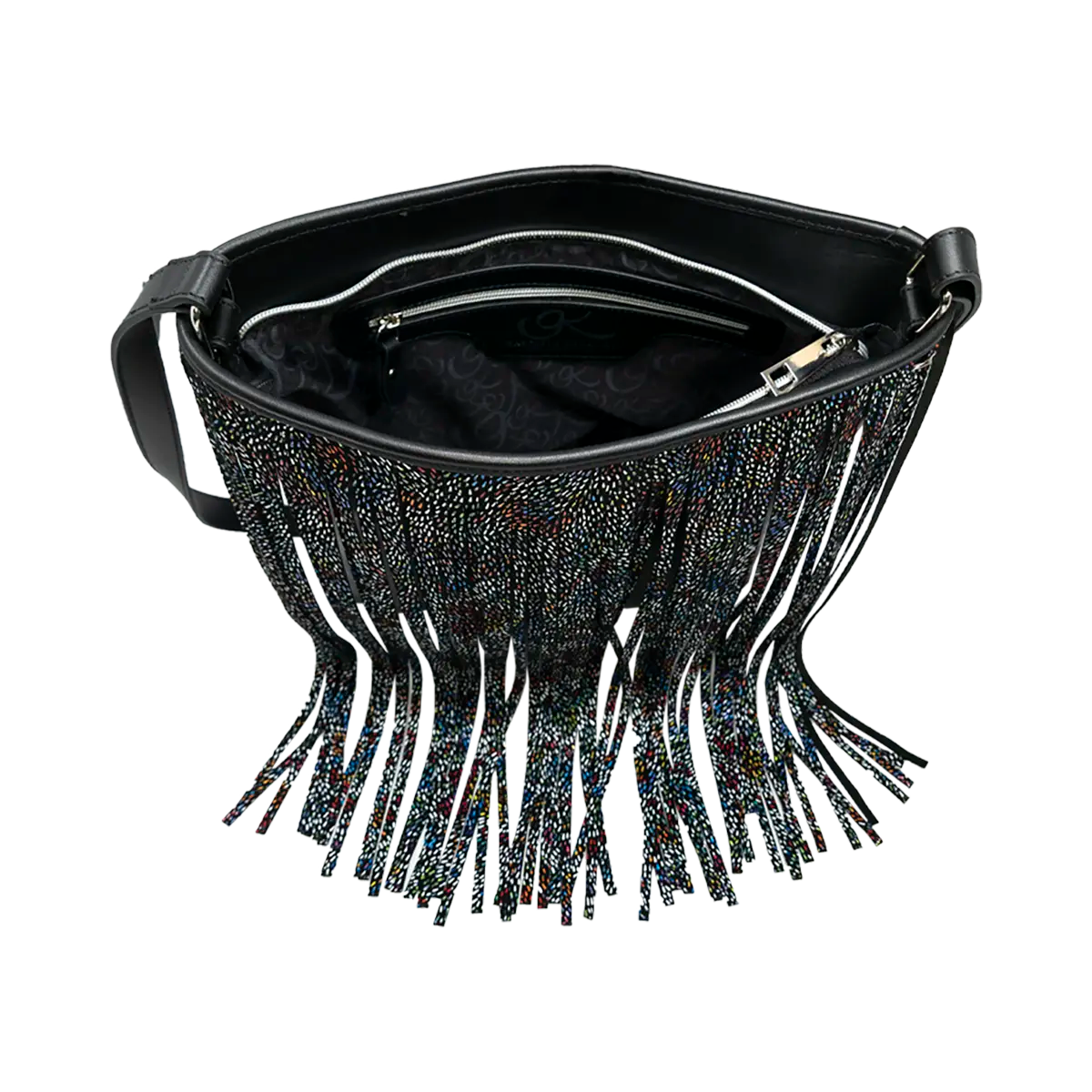 large black multi stripe leather crossbody bag with fringe. Fashion accessory for women in San Diego, CA.