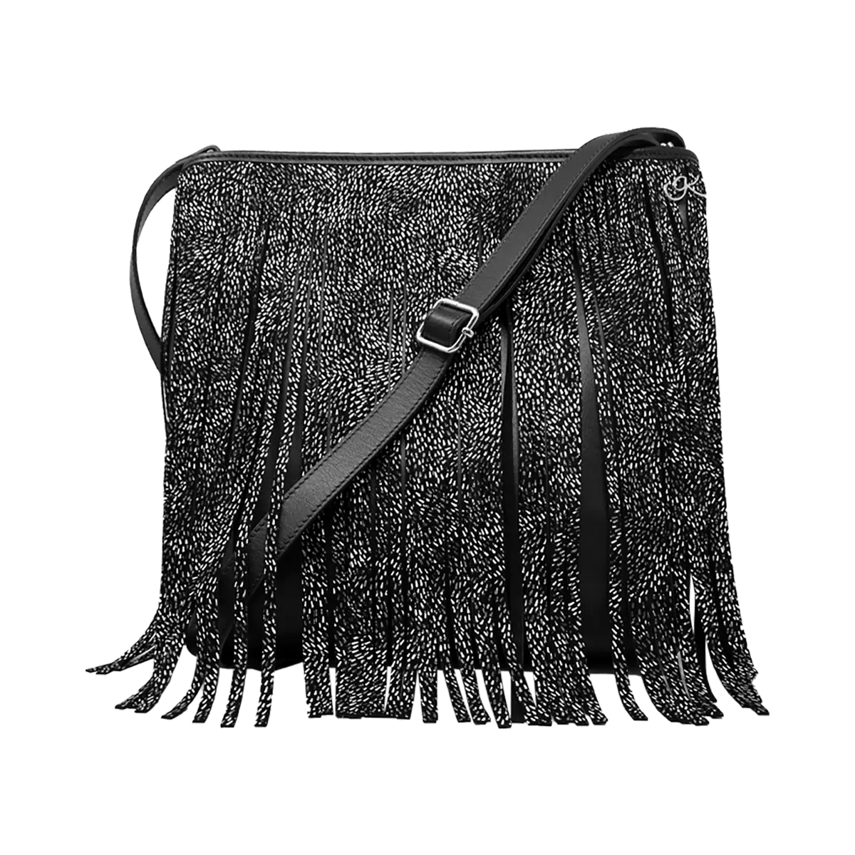 large black silver stripe leather crossbody bag with fringe. Fashion accessory for women in San Diego, CA.