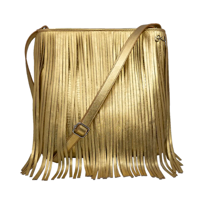 large gold leather crossbody bag with fringe. Fashion accessory for women in San Diego, CA.