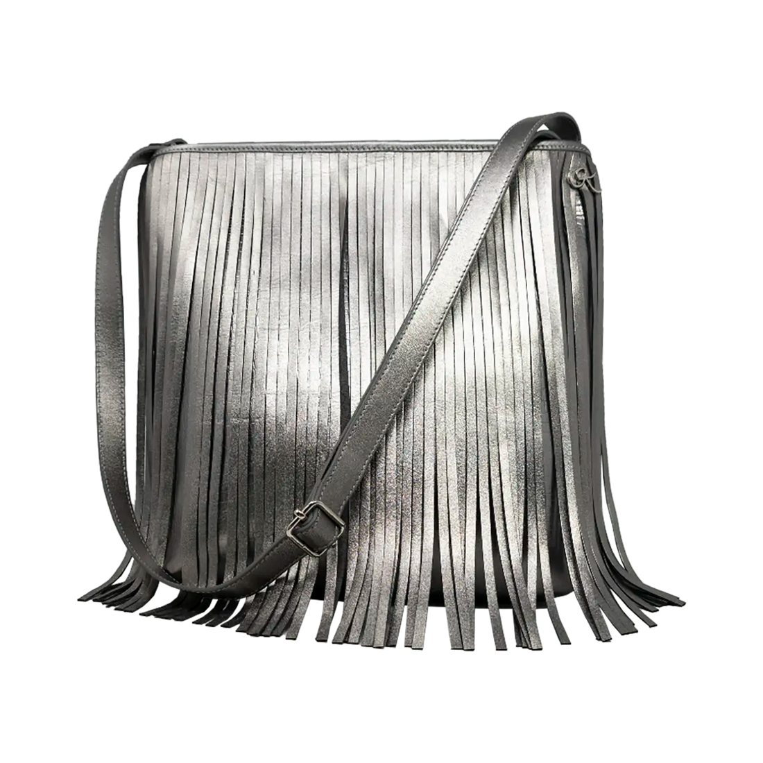 large silver leather crossbody bag with fringe. Fashion accessory for women in San Diego, CA.