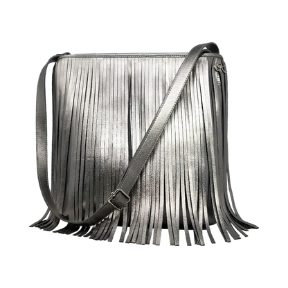 large silver leather crossbody bag with fringe. Fashion accessory for women in San Diego, CA.