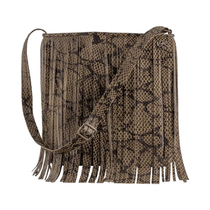 large tan print leather crossbody bag with fringe. Fashion accessory for women in San Diego, CA.