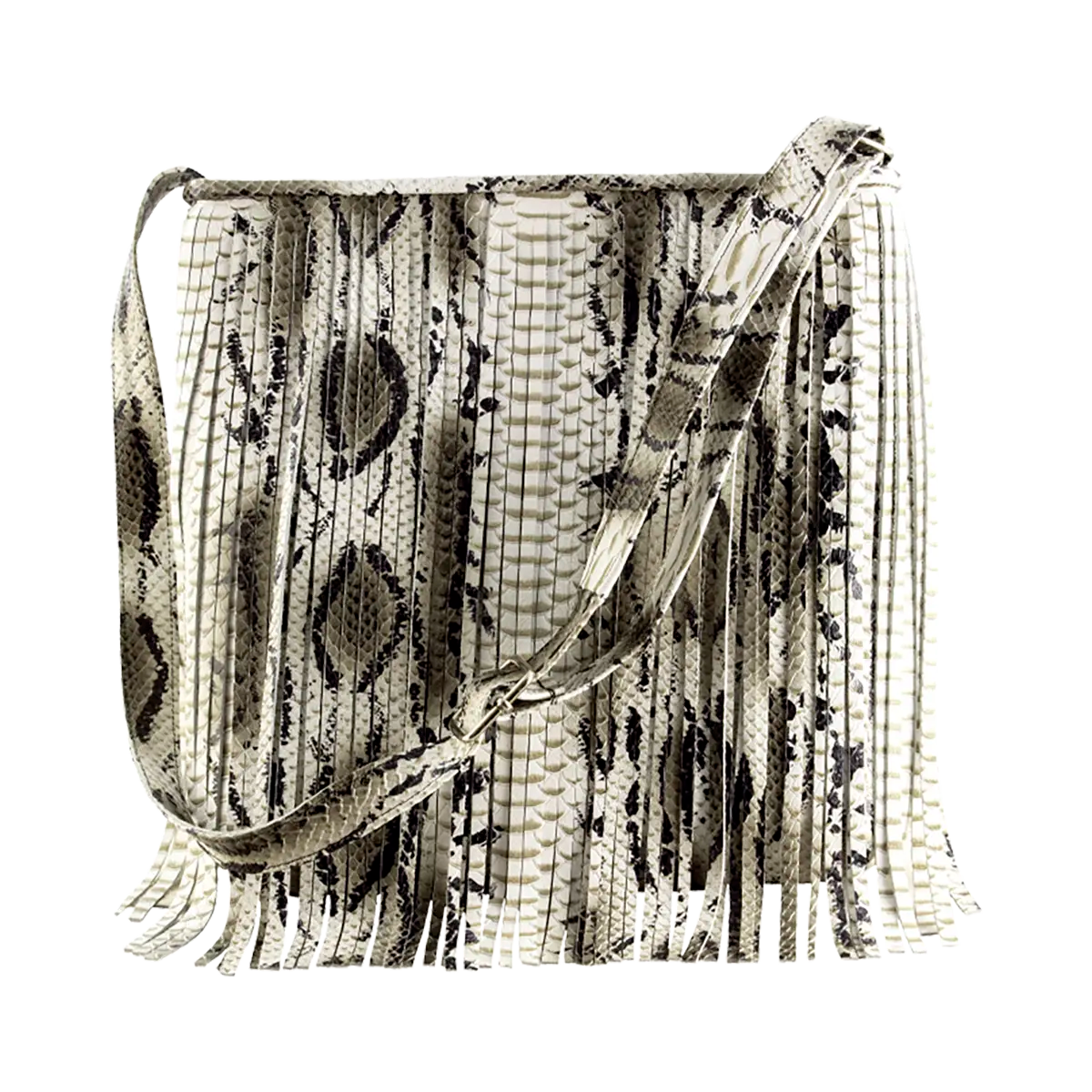 large white print leather crossbody bag with fringe. Fashion accessory for women in San Diego, CA.