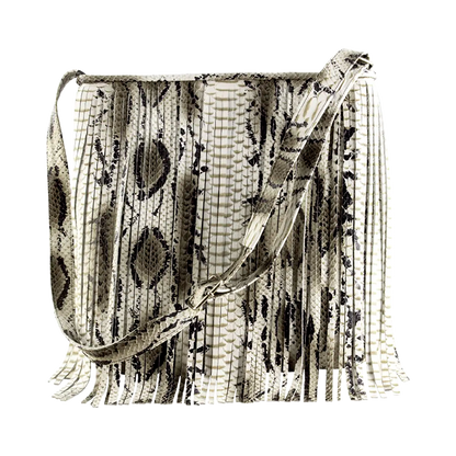 large white print leather crossbody bag with fringe. Fashion accessory for women in San Diego, CA.