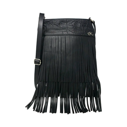 black leather shoulder bag with 3 layers of fringe. Fashion accessories, for women in San Diego, CA.