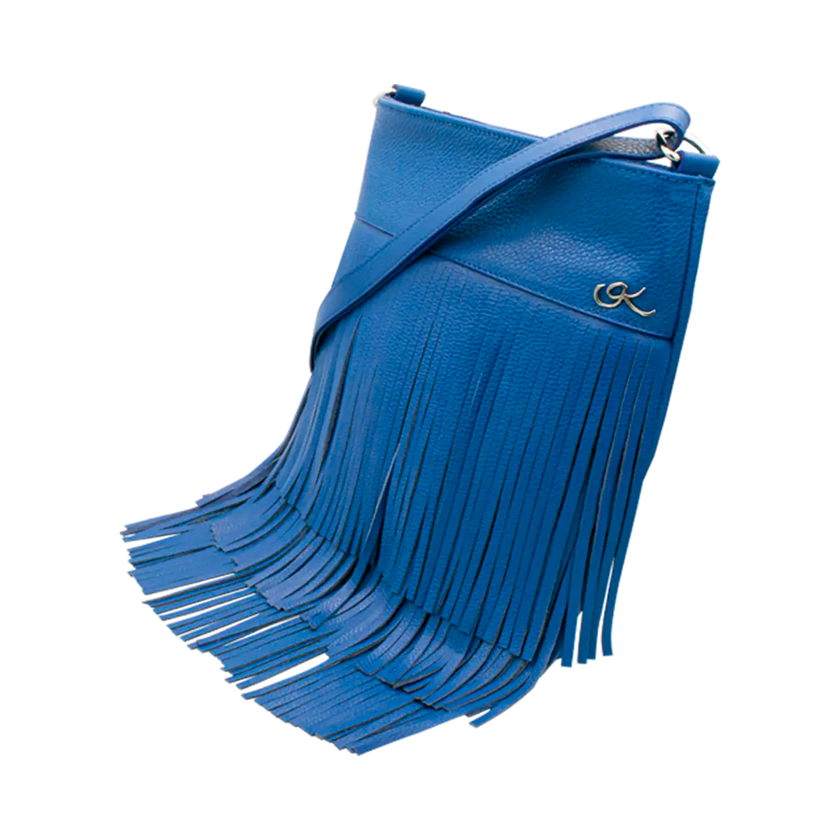blue leather shoulder bag with 3 layers of fringe. Fashion accessories, for women in San Diego, CA.