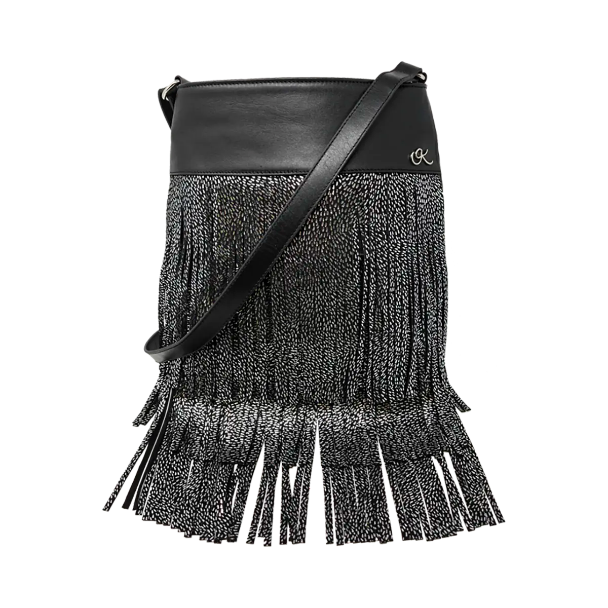 black silver stripe leather shoulder bag with 3 layers of fringe. Fashion accessories, for women in San Diego, CA.