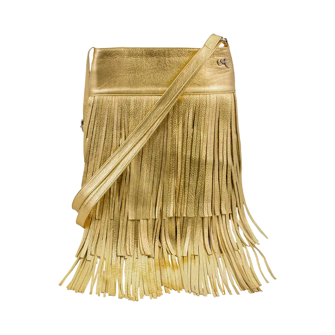 gold leather shoulder bag with 3 layers of fringe. Fashion accessories, for women in San Diego, CA.