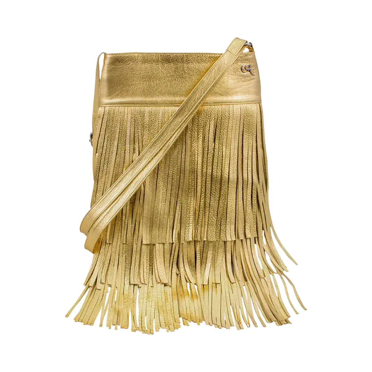 gold leather shoulder bag with 3 layers of fringe. Fashion accessories, for women in San Diego, CA.