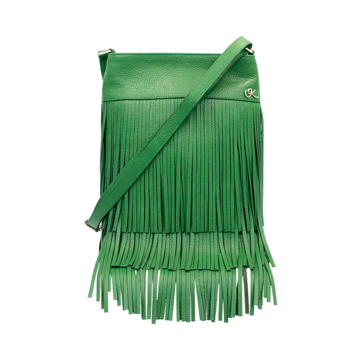 green leather shoulder bag with 3 layers of fringe. Fashion accessories, for women in San Diego, CA.