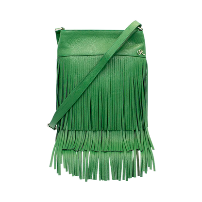 green leather shoulder bag with 3 layers of fringe. Fashion accessories, for women in San Diego, CA.