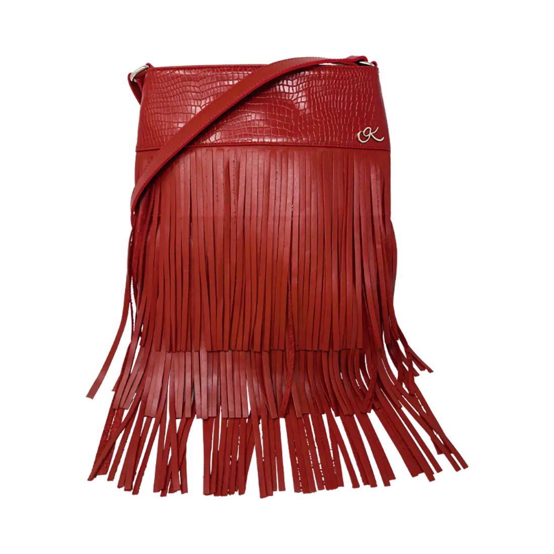 red leather shoulder bag with 3 layers of fringe. Fashion accessories, for women in San Diego, CA.