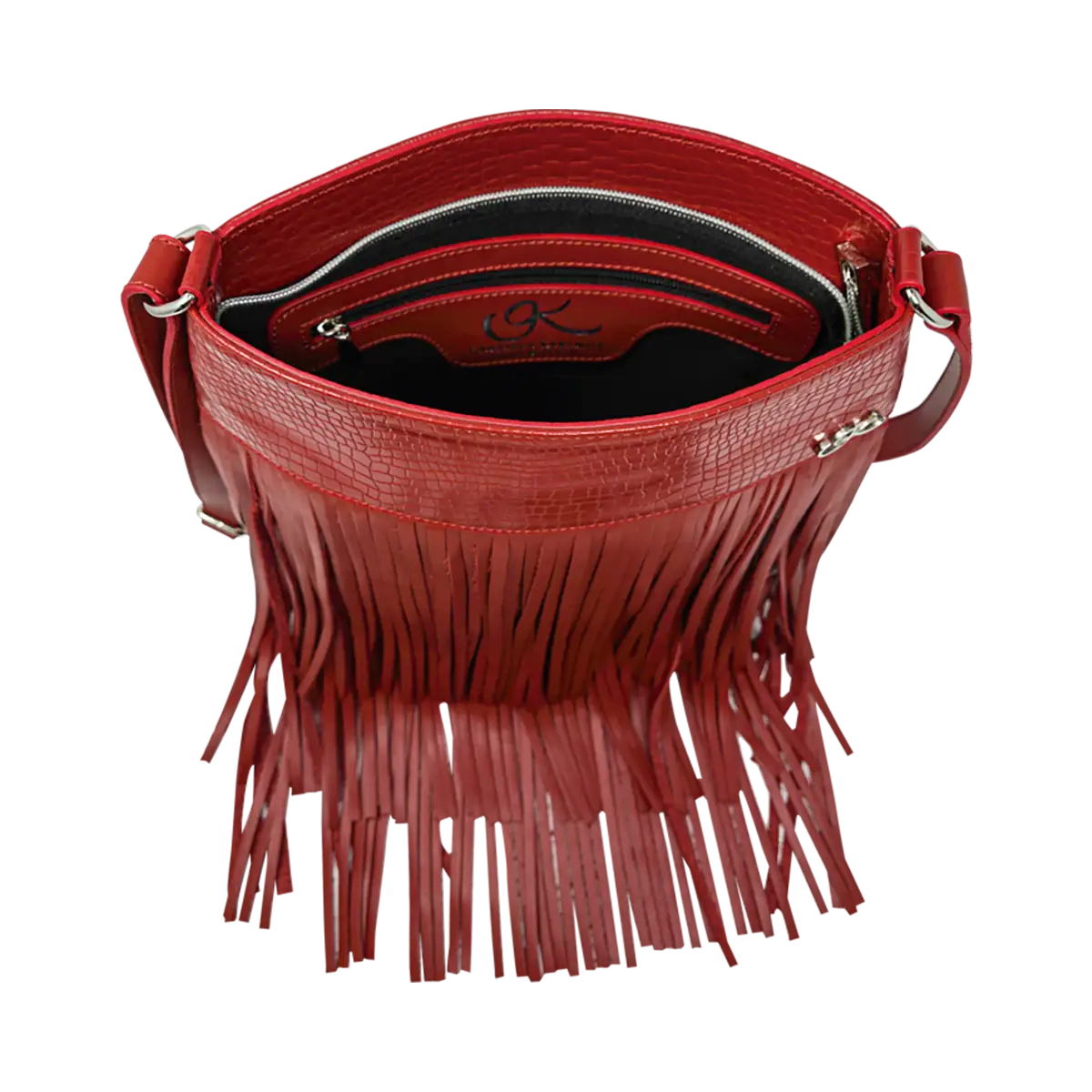 red leather shoulder bag with 3 layers of fringe. Fashion accessories, for women in San Diego, CA.
