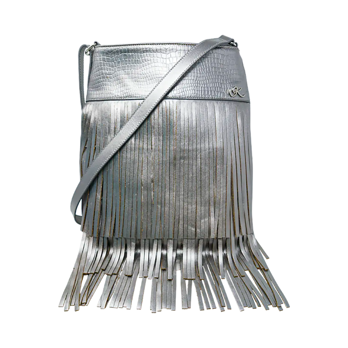 silver leather shoulder bag with 3 layers of fringe. Fashion accessories, for women in San Diego, CA.