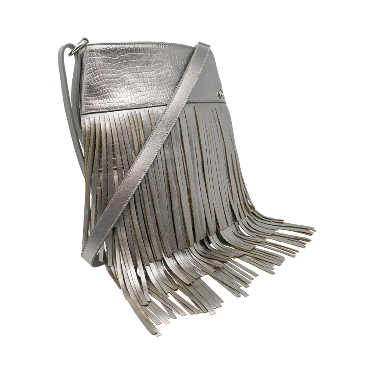 silver leather shoulder bag with 3 layers of fringe. Fashion accessories, for women in San Diego, CA.