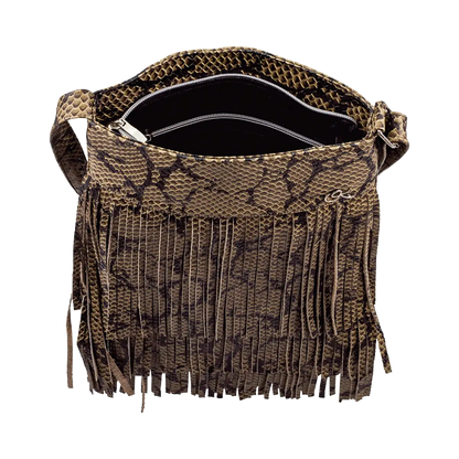 tan print leather shoulder bag with 3 layers of fringe. Fashion accessories, for women in San Diego, CA.