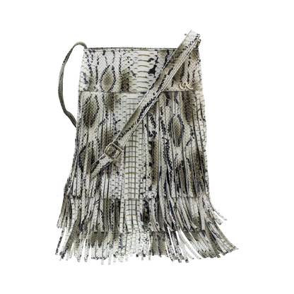 white print leather shoulder bag with 3 layers of fringe. Fashion accessories, for women in San Diego, CA.
