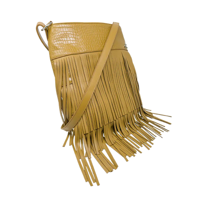 tan leather shoulder bag with 3 layers of fringe. Fashion accessories, for women in San Diego, CA.